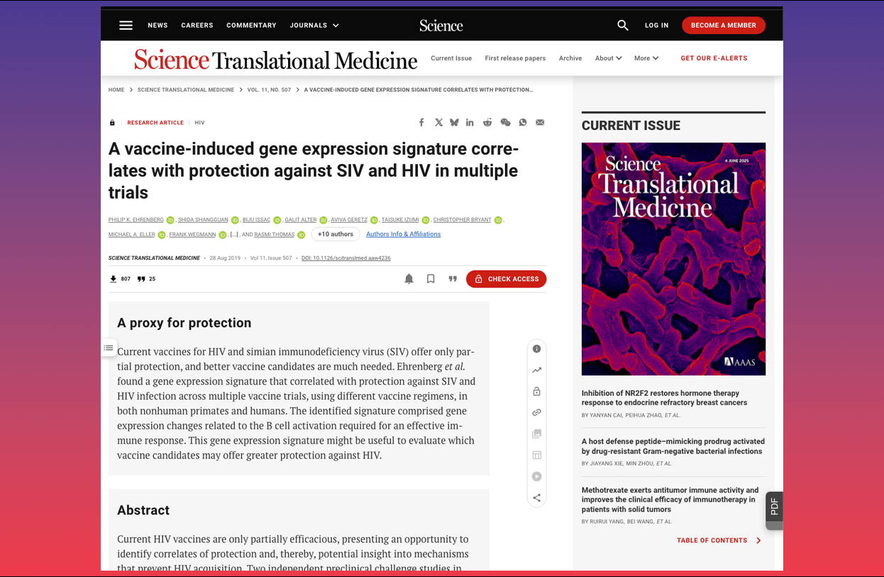 Science Translational Medicine – HIV Vaccine Study